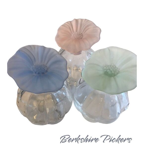 glass ribbed perfume bottle hibiscus stopper Blue, Green, Pink set of 3‎ - Picture 11 of 16